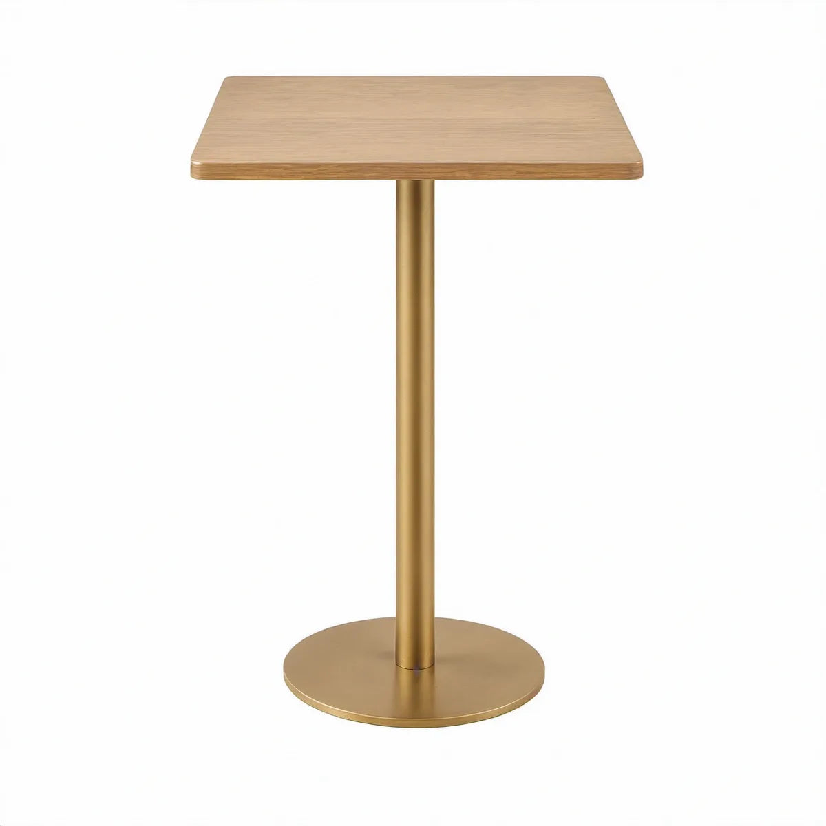 Quadratischer Stehtisch 60 x 60 x 105 cm, MDF in Eichenoptik, Stahl Goldfarben