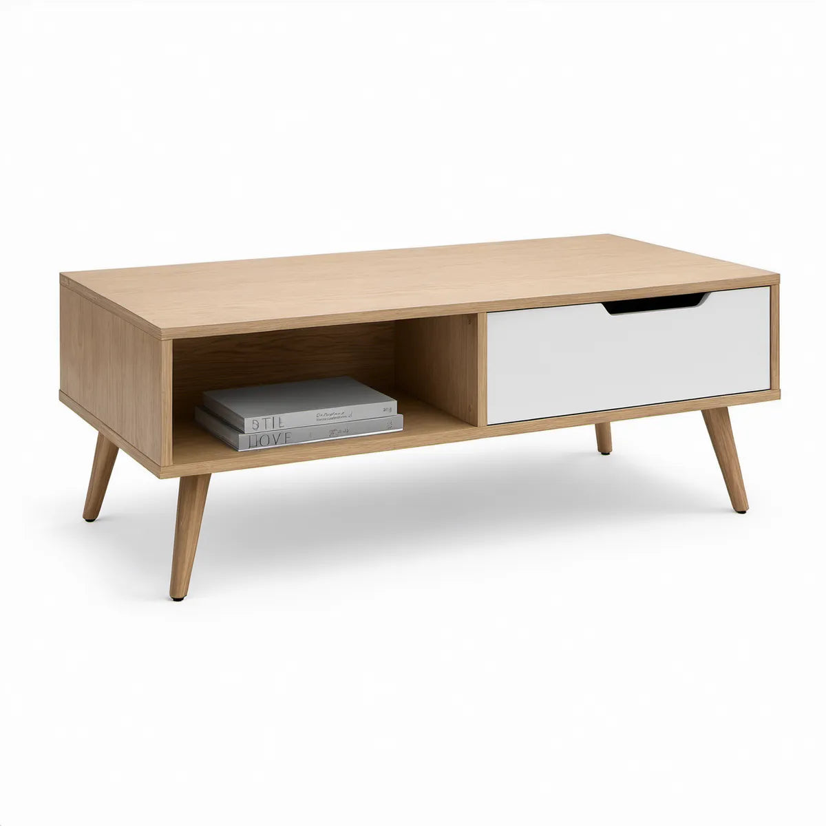 Rechteckiger Couchtisch 100 x 50 x 45 cm aus MDF mit Eichenfurnier, Natur/Weiss