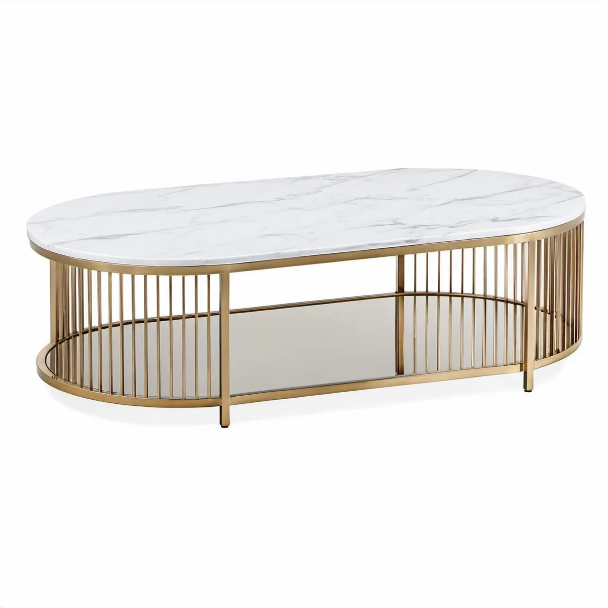 Ovaler Couchtisch 120 x 60 x 45 cm aus Sinterstein und Stahl Weiss Gold