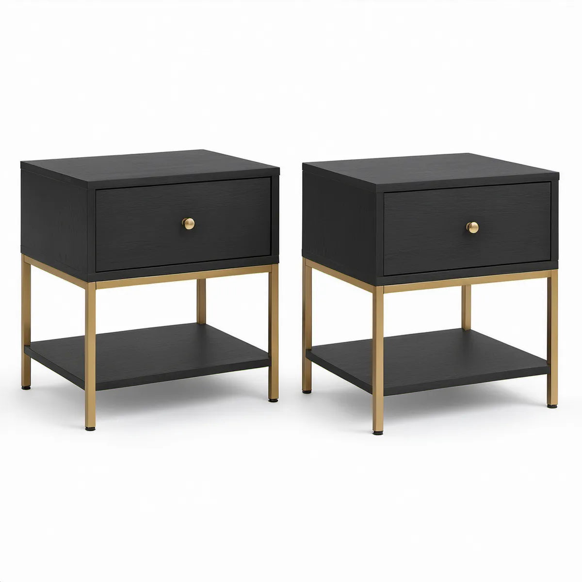 2er-Set Nachttische mit Schublade und Ablage, 40 x 40 x 60 cm, Schwarz/Gold